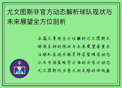 尤文图斯非官方动态解析球队现状与未来展望全方位剖析